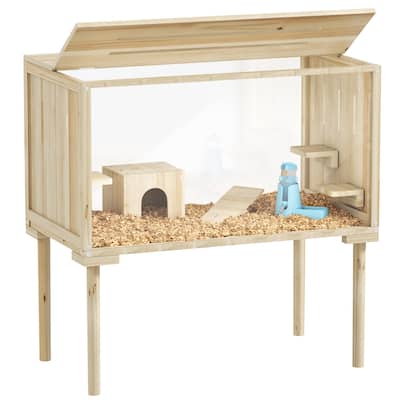 PawHut Wooden Hamster Cage with Legs, Gerbil Cage with Seesaw, Hut, Water Bottle & Food Dish, Nature Wood