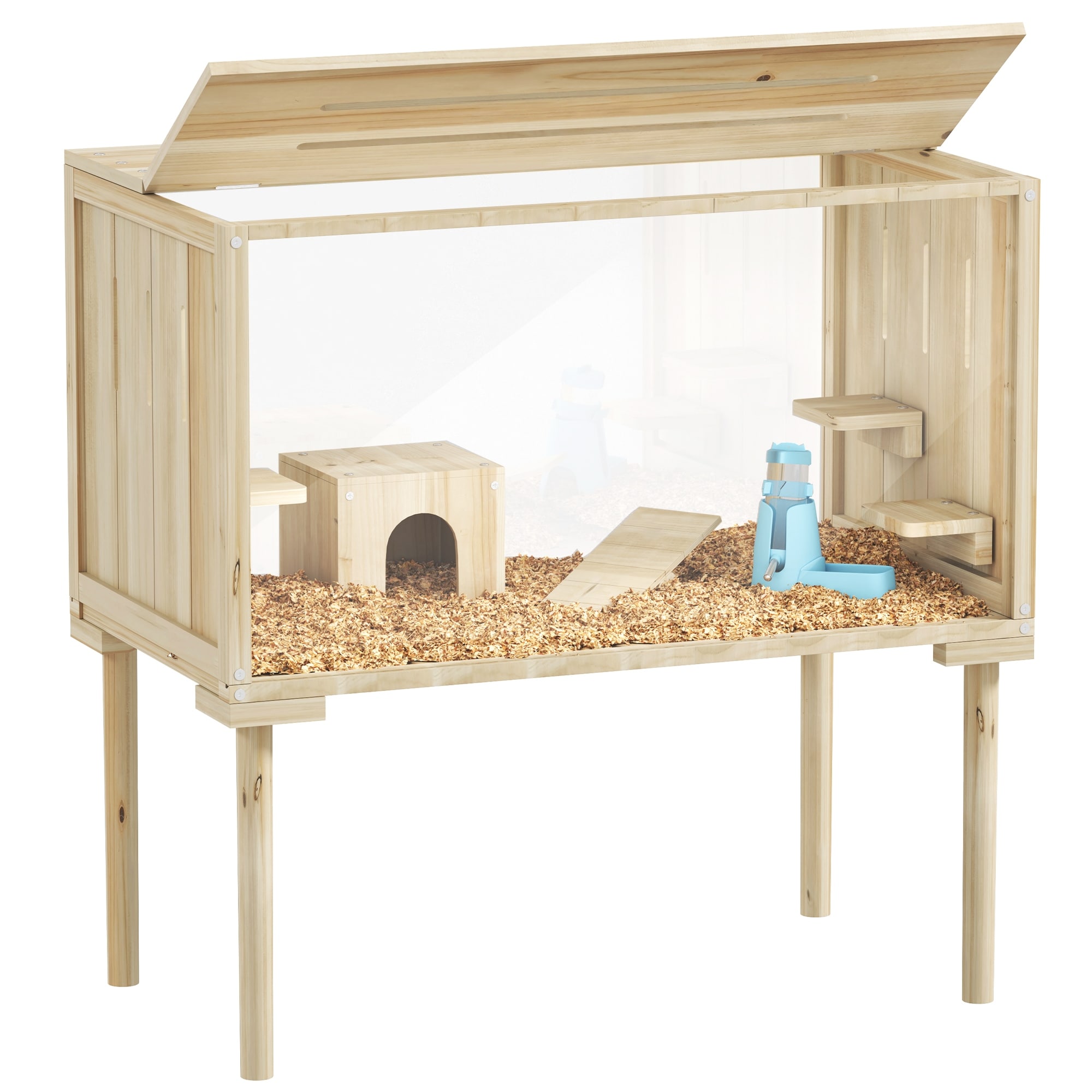 PawHut Wooden Hamster Cage with Legs, Gerbil Cage with Seesaw, Hut, Water Bottle & Food Dish, Nature Wood - Natural Wood