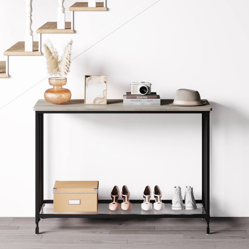 Modern Style Console Table with Glass Shelf and Metal Frame
