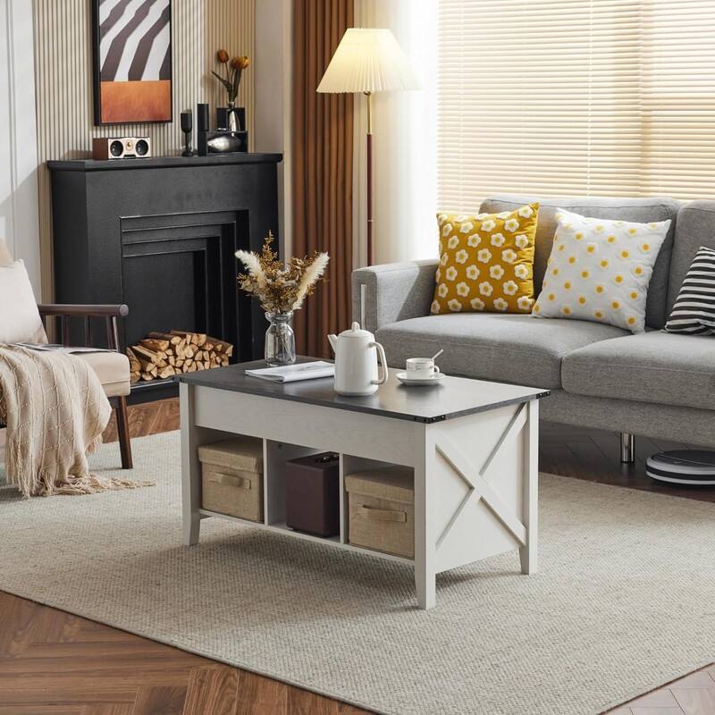VINGLI Extensible Lift Artificial Board Black, Gray, and White Color-Blocking Coffee Table