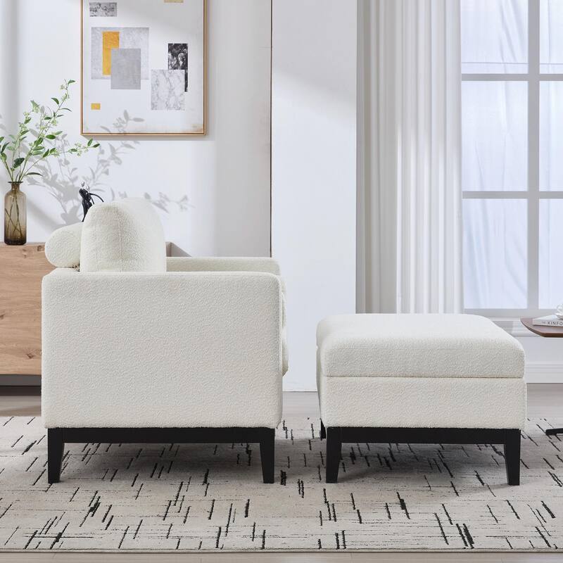 Boucle Armchair with Storage Ottoman - 300lb Capacity, Farmhouse Style