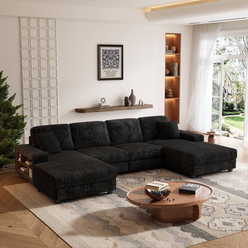 Modular Sectional Sofa with Dual Chaise Lounges, Corduroy Cloud Sofa with Armrest Storage Rack, Convertible 4-Seat Sleeper Sofa