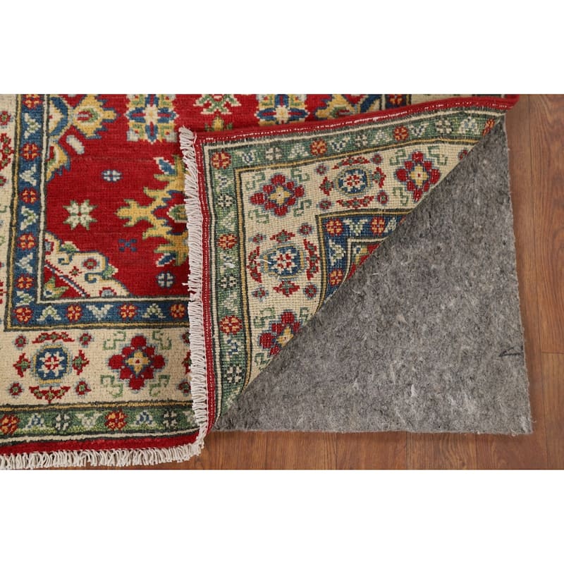 Red Geometric Kazak Foyer Rug Handmade Traditional Wool Carpet - 2'10" x 4'1"