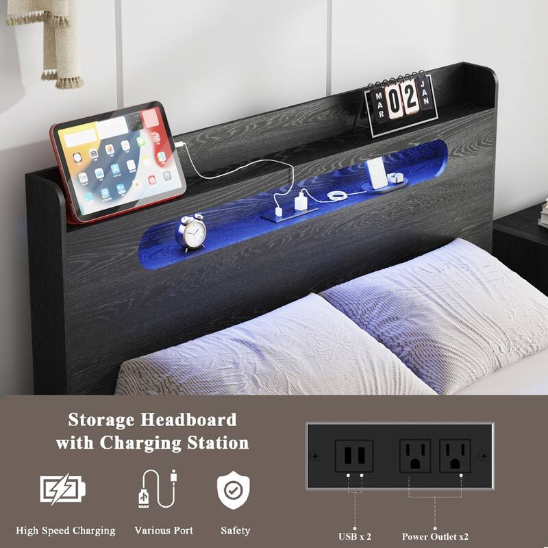 Queen Size Wood Platform Bed Frame with Storage LED Headboard 2 USB Noise Free Black Under Bed Storage No Box Spring