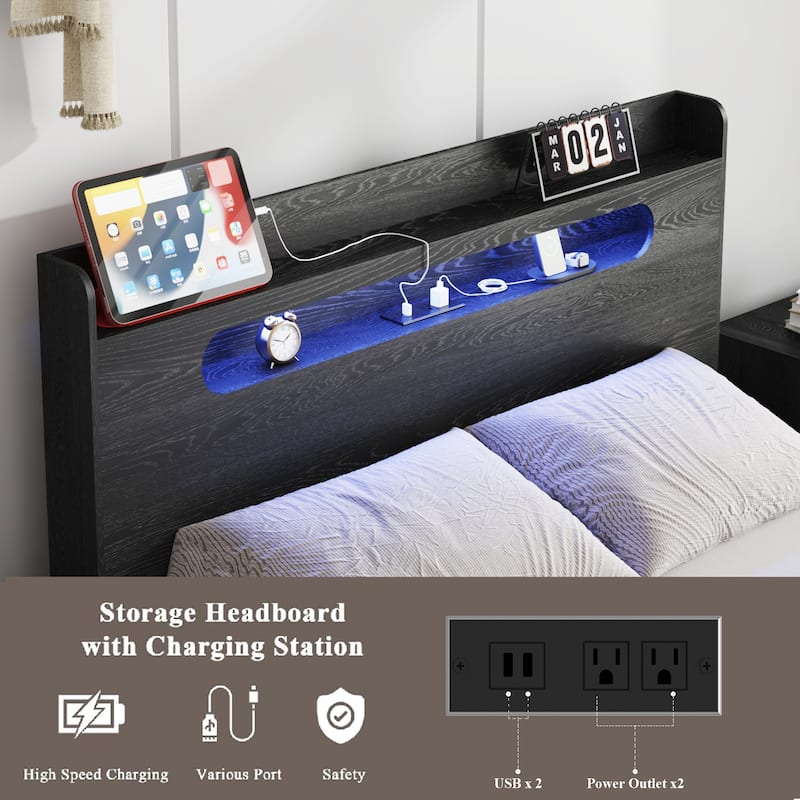 Wood Bed, Low Profile Platform Bed Frame with Storage Headboard Built-in LED Light and Charging Station