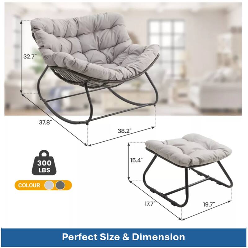 Light Gray Egg Rocking Chair with Ottoman, Wicker Lounge