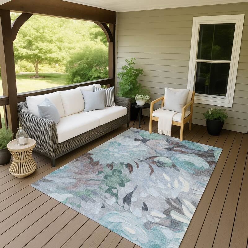 Machine Washable Indoor/ Outdoor Watercolor Floral Chantille Rug - Teal - 8' x 10'