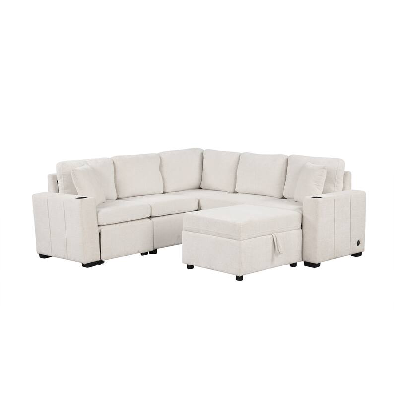 Convertible Sectional Sofa with Pull-out Sofa Bed and Dual Cup Holders