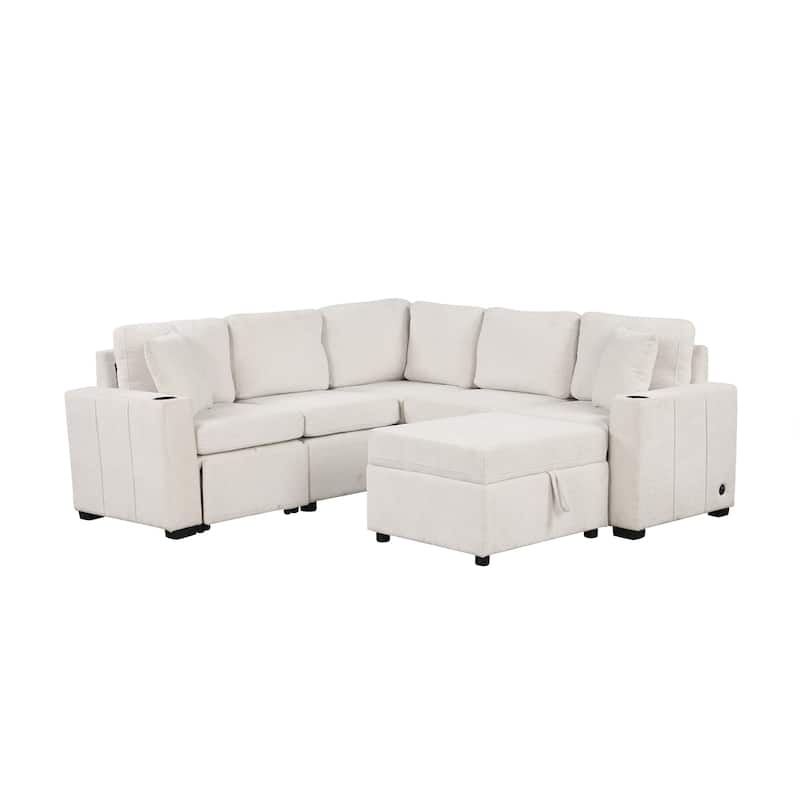 Livingroom Sectional Sofa Convertible Pull-out Sofa Bed, Chenille U-shaped Sofa with Movable Storage Ottoman and 2 Pillows