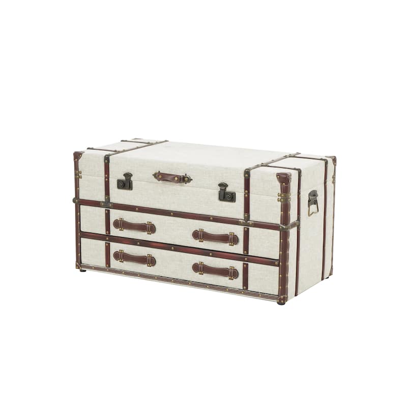 Wooden Vintage Style Storage 2 Drawer Coffee Table with Studs and Brown Faux Leather Accents - Cream - Roche River Decor - Cream - 40"W,21"H