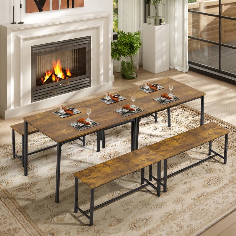 4-6 Person Dining Set with Faux Marble Top, PU Leather Benches and Storage Shelf