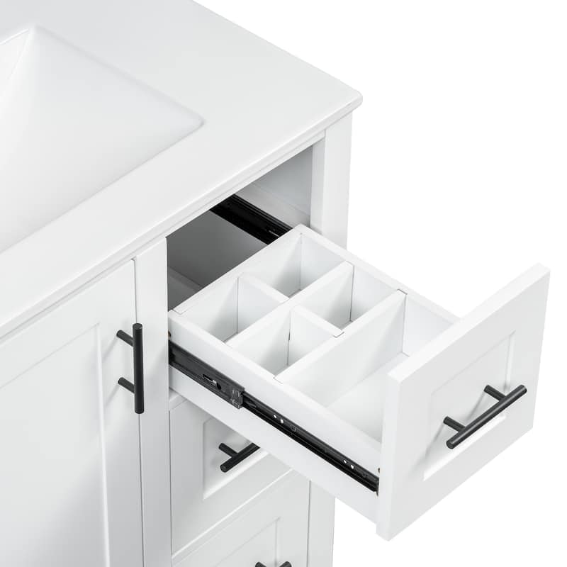 GDFStudio - Tim 30" Modern Bathroom Vanity with Ceramic Sink - Rubberwood Frame, 3 Drawers & Double-Rack Door, Soft-Close