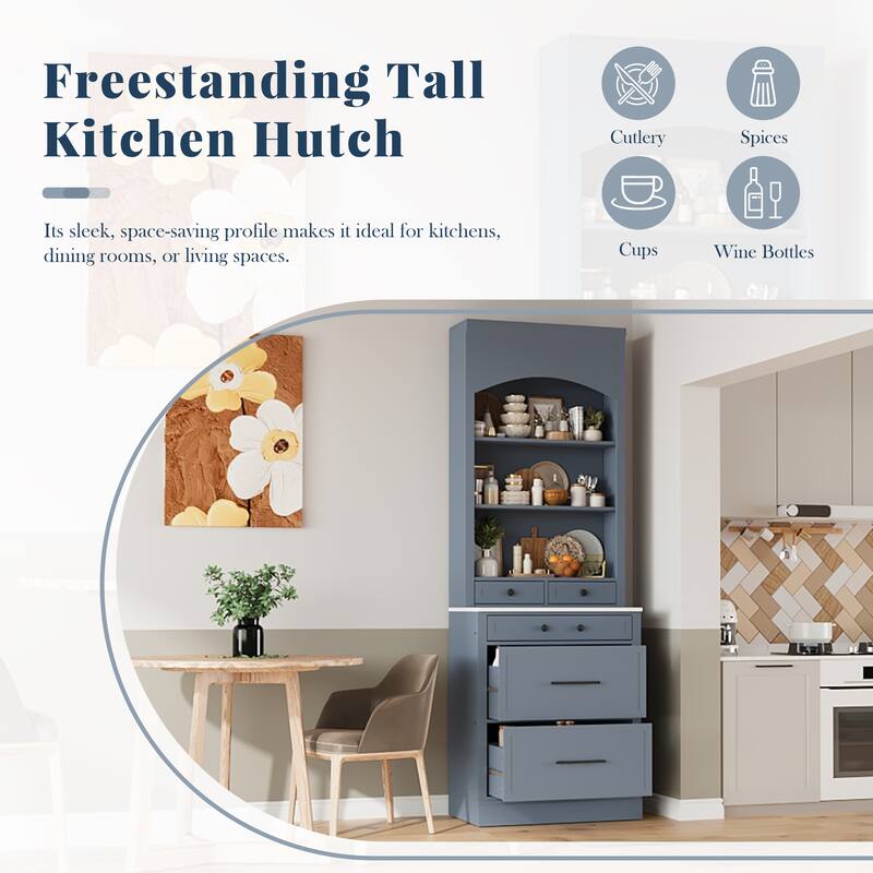 83.7" Freestanding Kitchen Pantry with Faux Marble Top, Storage Drawers and Adjustable Shelves, Set of 2 Tall Cabinets
