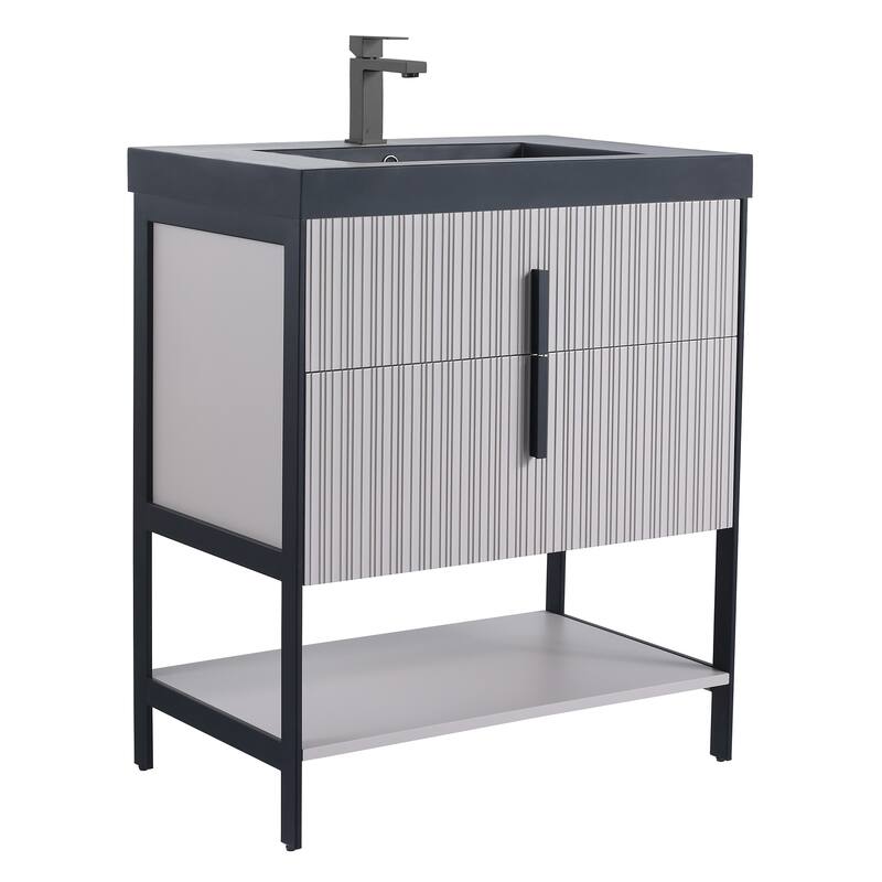 Fine Fixtures Serenity Modern Bathroom Vanity with Black Gel Acrylic Top - Bright Taupe - Black Hardware - 30 inch