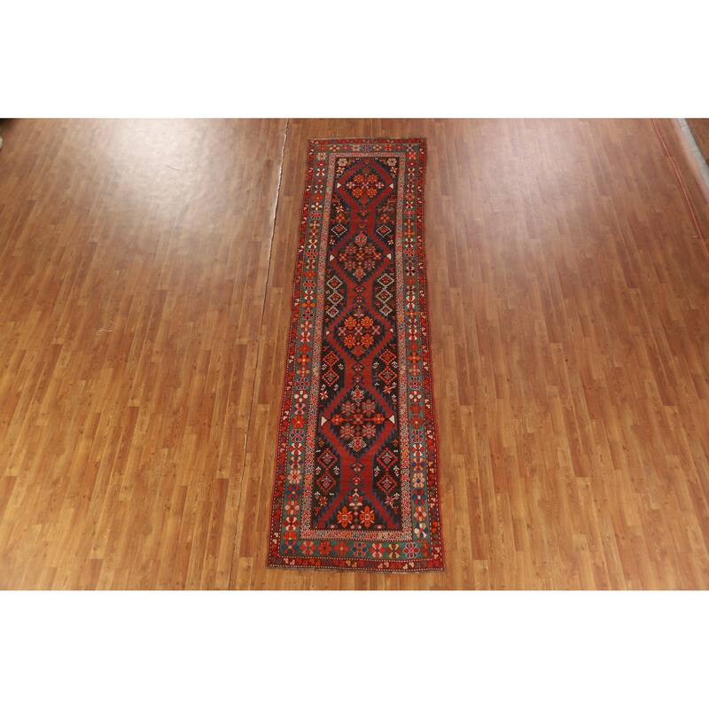 Hand Knotted Oriental 100% Wool Carpet Traditional Tribal Brown Kazak Runner Rug - 12' 6'' X 3' 4''