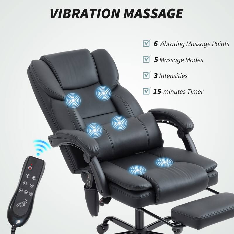 HOMCOM Black Massage Office Chair, 6 Vibration, Faux Leather, Recline, Footrest, Remote