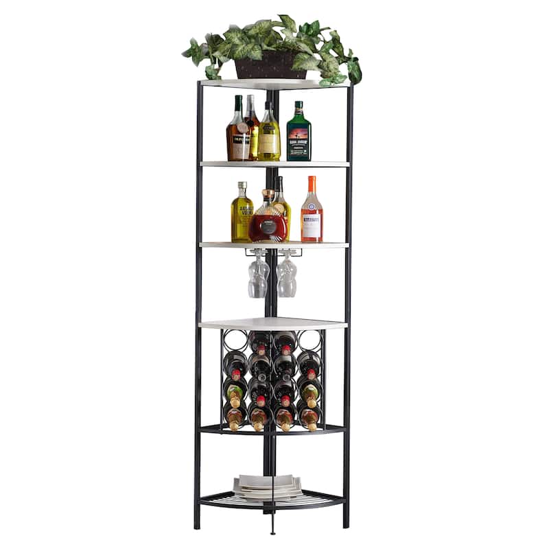 Corner Wine Rack with 4 Wood Shelves, 2 Stemware Racks and Wire Wine ...