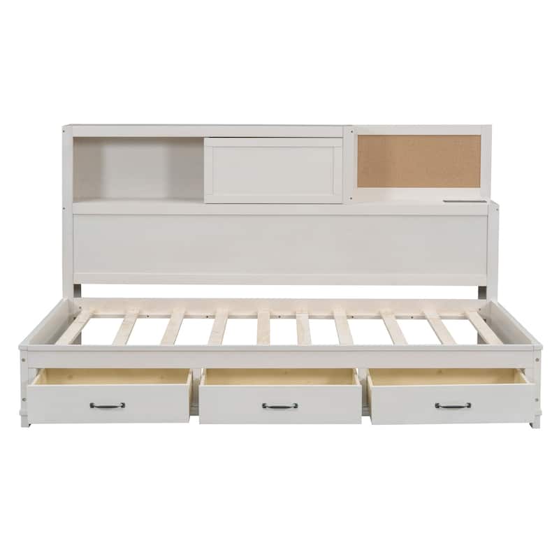 All-in-one Captains Bed Built-in Sockets and USB Ports Wooden Daybed with 3 Bottom Drawers and Pushable Top Storage Cabinet