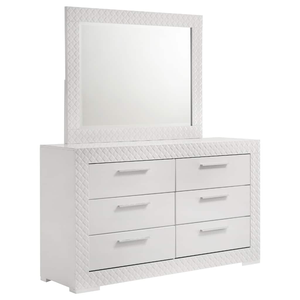 Ivon Wide Dresser with Mirror, 6 Drawers, White High Gloss, Metal