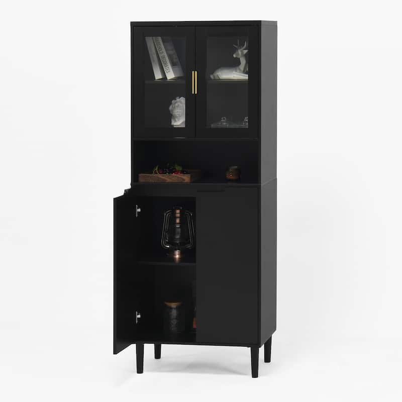 Tall Storage Show Cabinet with 2 Glass Display Door & 2 Doors, Tall Kitchen Pantry Cabinet with Gold Handles