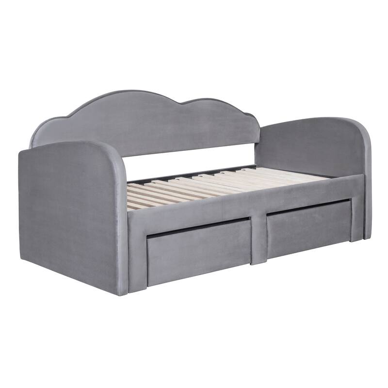 Twin Size Upholstered Daybed with 2 Storage Drawers and Trundle, Velvet Sofa Bed Frame with Cloud-Shaped Backrest and USB Ports
