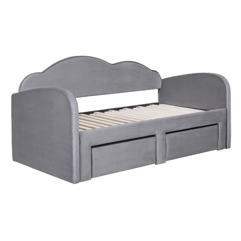 Upholstered daybed with Cloud-Shaped Backrest, Trundle & 2 Drawers and USB Ports