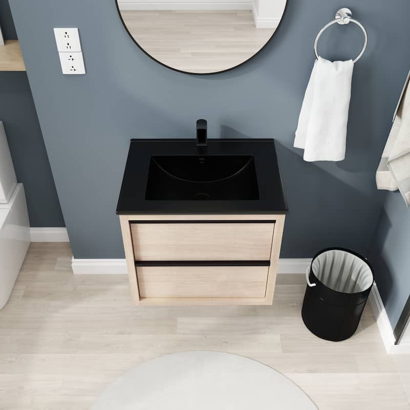 24" Bathroom Vanity, With Black Ceramic Sink And 2 Soft Close Drawers