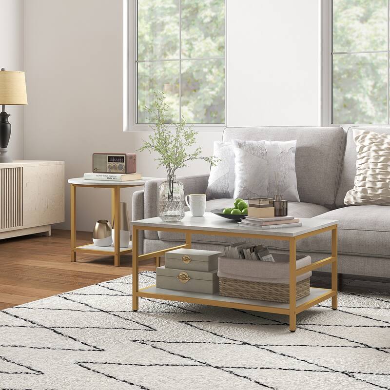 Coffee Tables Set of 2, 2-Rier Rectangle and Round Coffee Table with Storage Shelves, Faux Marble Top and Steel Frame