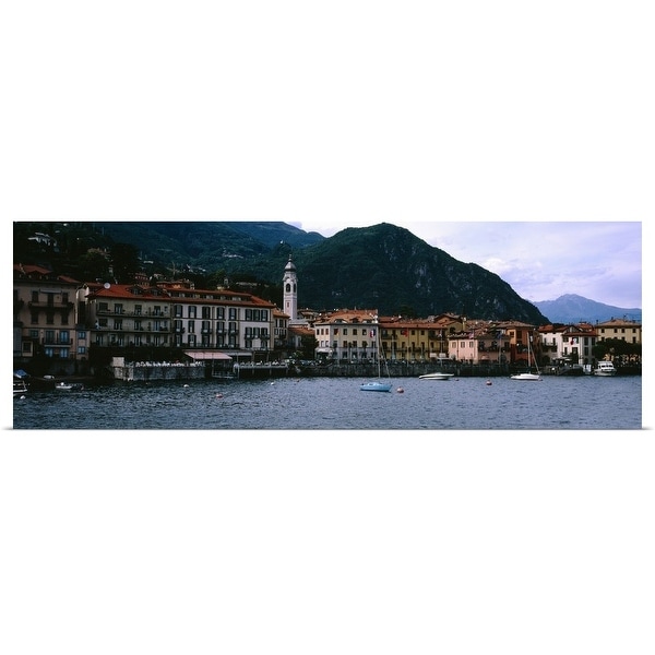 "Buildings at the lakeside viewed from a ferry, Lake Como, Menaggio, Como, Lombardy, Italy" Poster Print