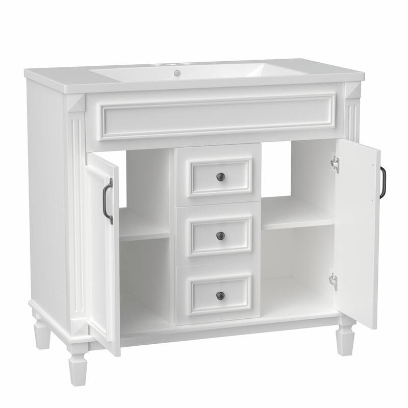 36'' Modern White Bathroom Vanity with Top Sink, Mirror Cabinet