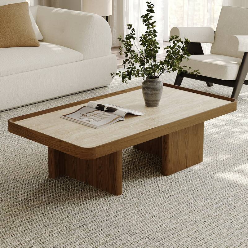 51.18" Mid Century Retangular Coffee Table, Beige Sintered Stone Table top, Solid Wood Legs