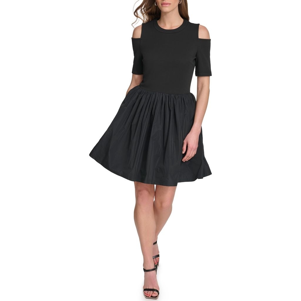 DKNY Cold-Shoulder Mixed Media Dress - Overstock - 43117340