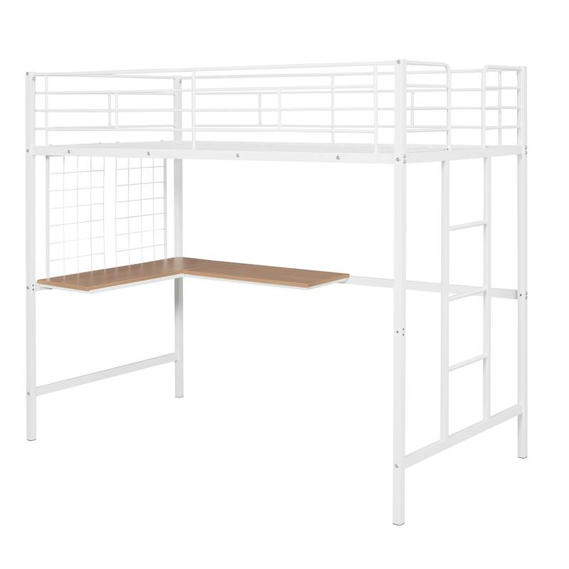 Metal Loft Bed with Desk, Ladder and Metal Grid for Kids, Teens, Girls, Boys