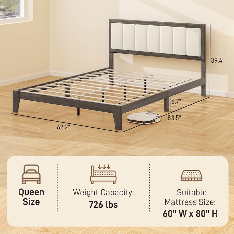 HOMCOM Queen Size Bed Frame with Upholstered Headboard, Platform Bed Frame with Wooden Slats, No Box Spring Needed