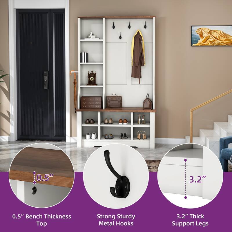 Moasis 39"/59" Farmhouse Hall Tree Bench Shoe Storage Coat Rack for Entryway with Adjustable Shelf