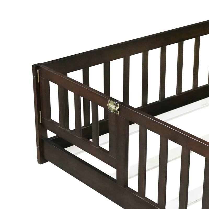 Floor Bed with Fence,Door and Safety Guardrails,Perfect for Kids' Play,Sleep and Development