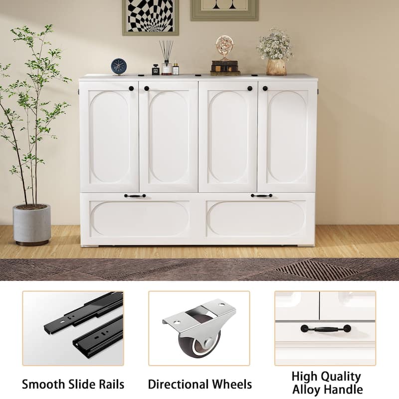 Murphy Bed Cabinet with Charging Port and Storage Drawer, White