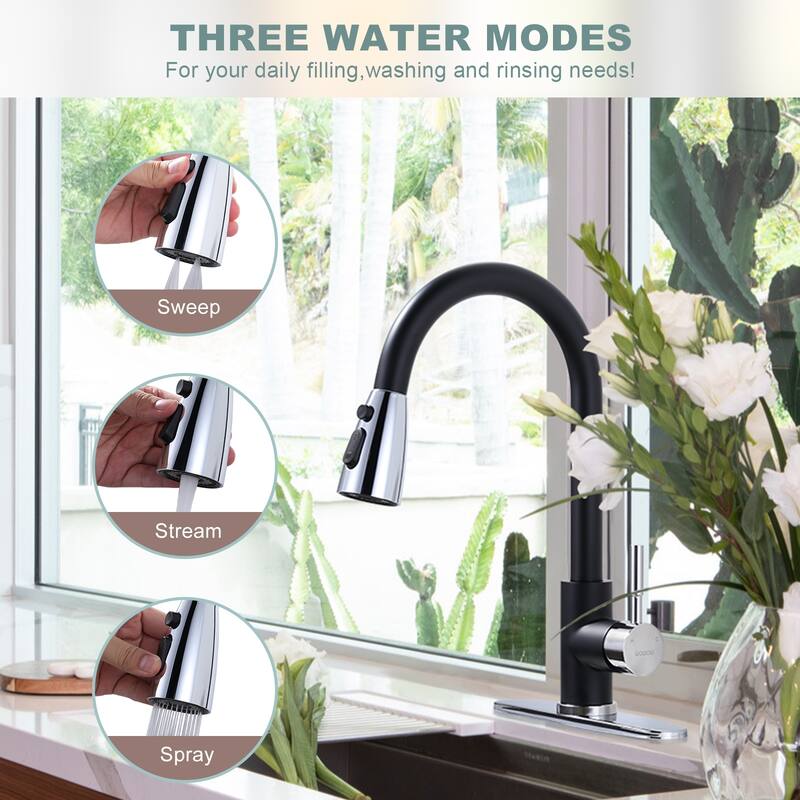 WOWOW 3-Function Pull down Sprayer Kitchen Faucet with Deckplate
