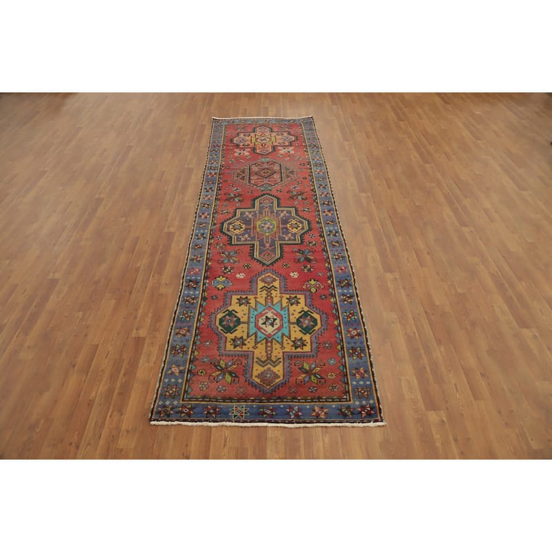 Hand Knotted Oriental 100% Wool Carpet Traditional Geometric Oranges & Rust Heriz Runner Rug - 12' 0'' X 3' 7''