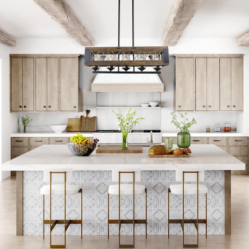 Farmhouse 5-Light Wood Chandelier Rustic Linear Island Lights
