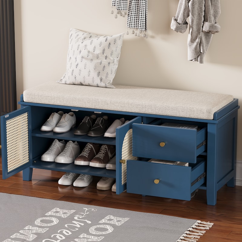 Wood Frame Bench with Shoe Storage, Shoe Bench with Rattan Arched Door and 2 Drawers Entryway Fabric Upholstered Bench