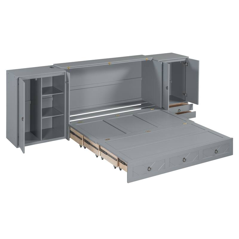 Queen Size Solid Wood Murphy Bed with Charging Station, Built-In Wardrobes, Drawers, and Foldable Cabinet Design
