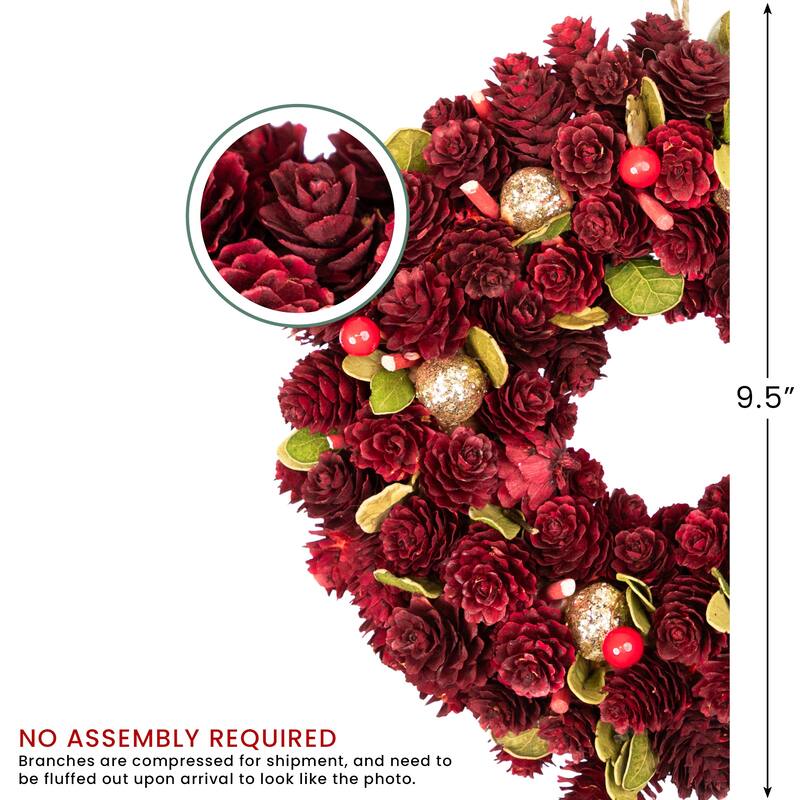 Red Gold Pine Cone Ornament Artificial Christmas Wreath, 9.5", Unlit