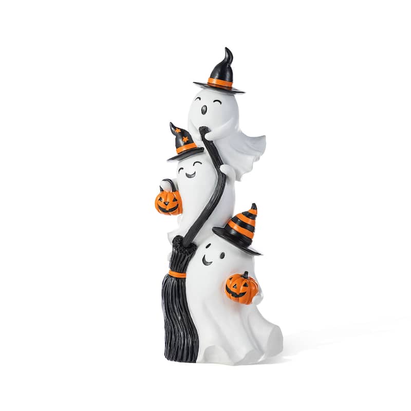 Glitzhome 21.75"H Halloween Resin Stacked Ghost Riding a Broom Figurine Porch Decor