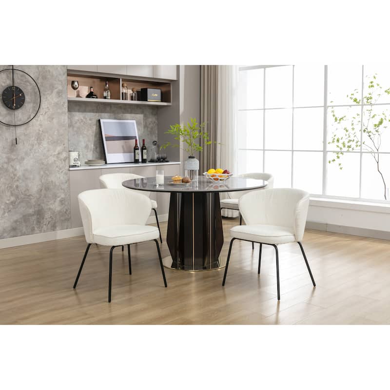 Set of 2 Boucle Fabric Dining Chairs With Black Metal Legs