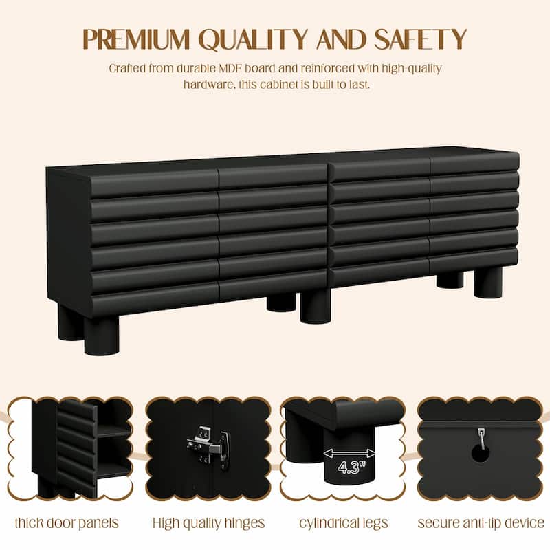 Stylish Thick Wavy Door TV Cabinet - Adjustable Shelves, TV Stand with 4 Cabinets for TVs Up to 75