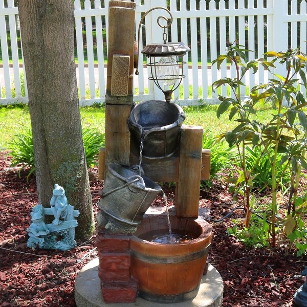 Sunnydaze Rustic Pouring Buckets Outdoor Water Fountain & Solar Lantern