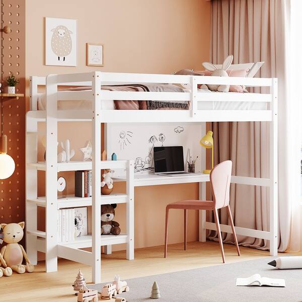 slide 2 of 11, Twin Size Loft Bed with Storage Shelves, Wooden Bed with Desk, Kid's Bed with Writing Board for Bedroom, White White