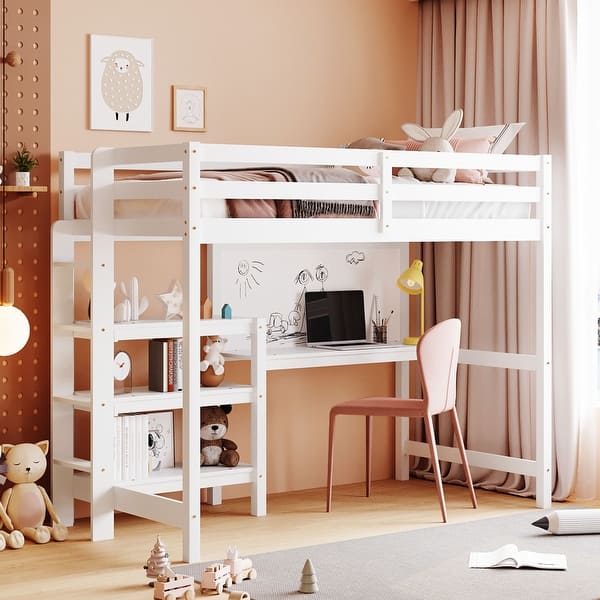 slide 2 of 9, White Twin Wood Loft Bed with Shelves, Desk, Writing Board, Guardrail White