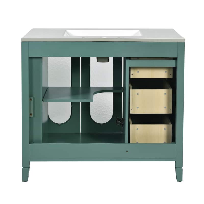 Lake Green Storage Cabinet Bathroom Vanity with Side Shelves, Translucent Glass Doors, Delicate Golden Handle and Knobs